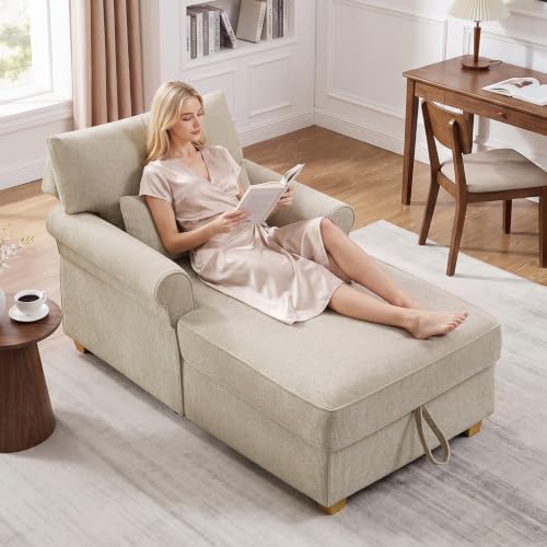 63.39" Oversized Chaise Lounge Chair with Storage, Chenille Beige, view 2