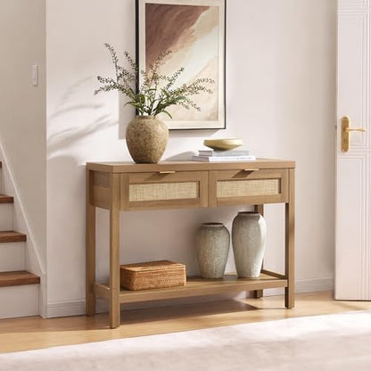 Rattan Console Table with Drawers, Boho Entryway Table Sofa Table | Entry Table With Storage Drawers, Hallway Table for Entryway, Sofa Table Behind Couch, Console Table for Living Room, Hallway