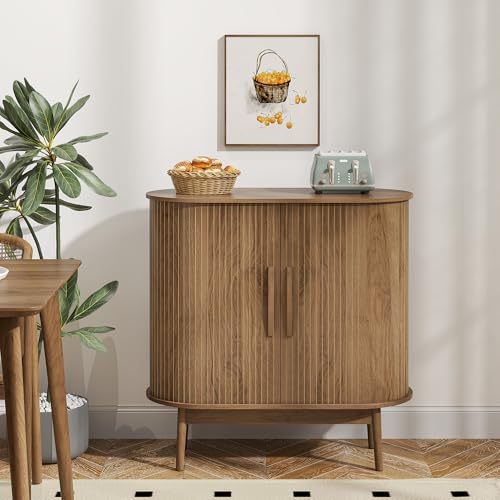 Accent Small Storage Cabine, Buffet Cabinet with Storage, Mid Century Modern Sliding Door Sideboard Cabinet for Kitchen, Entryway (Walnut)