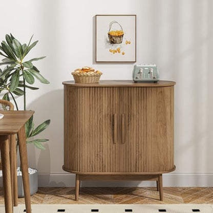 Accent Small Storage Cabine, Buffet Cabinet with Storage, Mid Century Modern Sliding Door Sideboard Cabinet for Kitchen, Entryway (Walnut)