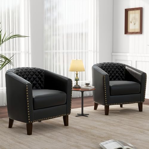 Faux Leather Barrel Accent Chairs Set of 4, Modern Club Arm Chair Comfy Upholstered Single Sofa Chair with Solid Wood Legs and Nailhead Trim for Living Room/Reading Room, Black