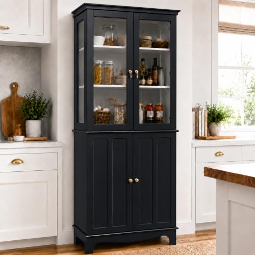 72" China Cabinet, Freestanding Kitchen Pantry with Tempered Glass Doors, view 2