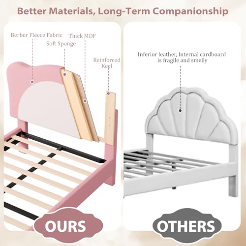 Twin Size Bed Frame for Kids - Cute Velvet Princess Platform Bed with Upholstered Headboard for Girls/Boys, Solid Wood Slats Support, No Box Spring Needed, Pink + White