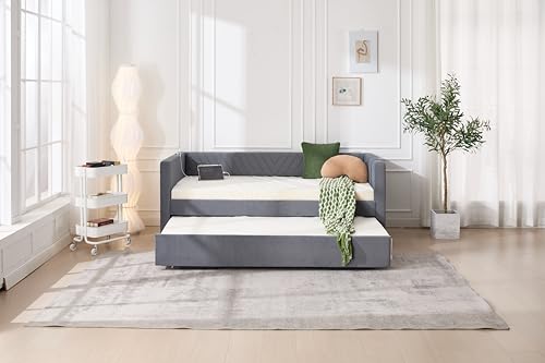 Twin Size Upholstered Daybed with Trundle,USB Port,Side Pockets, V Grained backrest Design,No Box Spring Needed, for Bedroom, Guest Room (Grey, Twin)