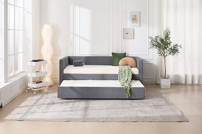 Twin Size Upholstered Daybed with Trundle,USB Port,Side Pockets, V Grained backrest Design,No Box Spring Needed, for Bedroom, Guest Room (Grey, Twin)