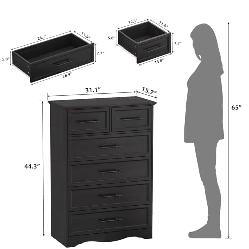 Black 6 Drawer Dresser for Bedroom, 44" Tall Chest of Drawers, view 4