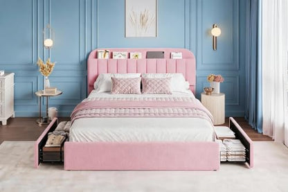 Upholstered Bed Frame with 2 Storage and Drawers, Boucle Soft Platform Bed, view 2