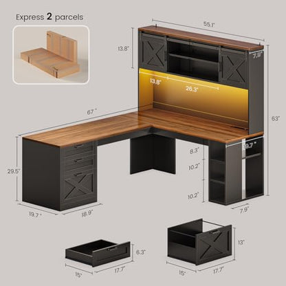 67" Farmhouse L Shaped Desk with Hutch, Black+Brown, view 3