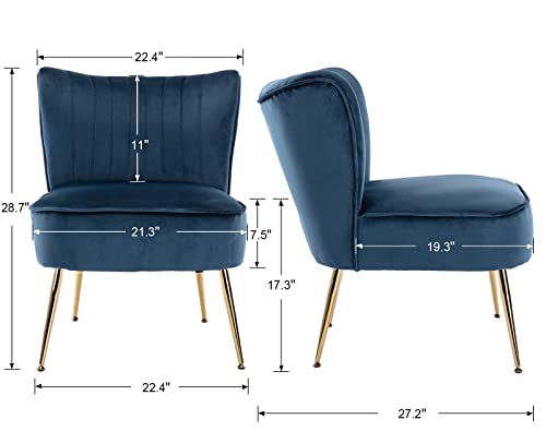 Modern Accent Chair Set of 2 Velvet Slipper Chair with Gold Legs Wingback Side Chair for Living Room Bedroom Entryway Small Corner Chair for Space Saving, Blue