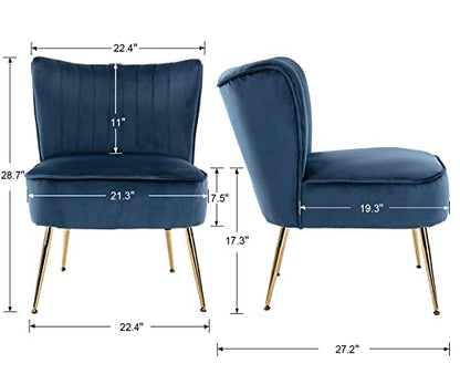 Modern Accent Chair Set of 2 Velvet Slipper Chair with Gold Legs Wingback Side Chair for Living Room Bedroom Entryway Small Corner Chair for Space Saving, Blue