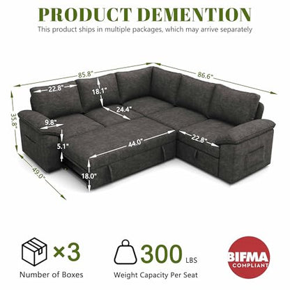 85 Inch Modular Sectional Sofa with Pull Out Bed,L Shaped 5 Seat Sectional Sleeper Sofa with Storage,Sectional Couches for Living Room,Cloud Modular Couch,Removable Sofa Cover, Dark Grey