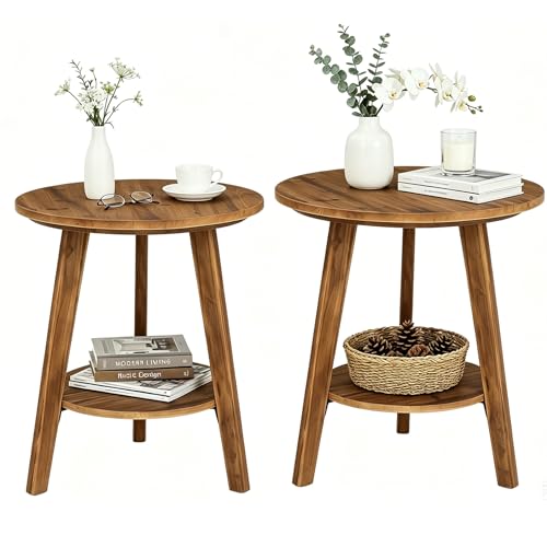 Tribesigns Solid Wood Round Side Table Set of 2, 2-Tier Farmhouse End Table with Storage Shelf, Nightstand for Living Room, Bedroom, Easy Assembly (2, Brown)
