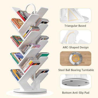 16-Tier Tree Rotating Bookshelf, 360 Degree Spinning Standing Bookcase for Magazines DVDs Books, Corner Bookcase for Living Room Bedroom Study, White