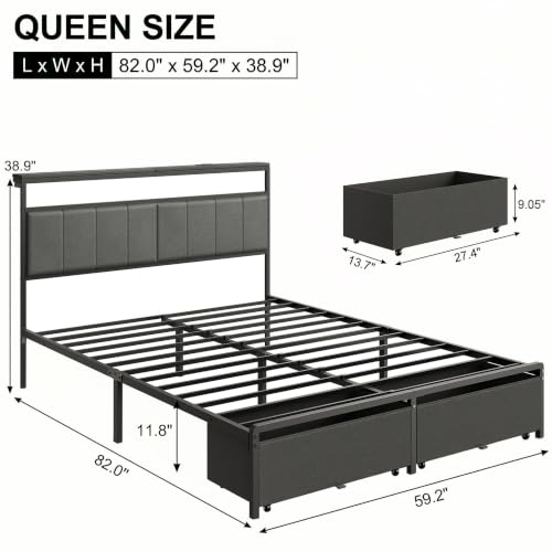Grey Upholstered Queen Bed Frame with Drawers, view 3