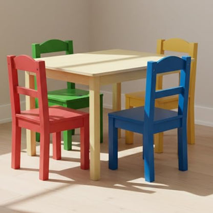 Kids Wooden Table and 4 Chairs Set, Natural/Primary - Kids Table and Chair Set for Toddlers and Children for Arts, Crafts, and Snack Time - Sturdy, Durable Toddler Activity Table