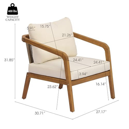 Jay Patio Lounge Chair Outdoor with Weather-Resistant Cushion, Modern Arm Chair with PE Wicker Backrest, Acacia Wood Club Chair for Outdoor Furniture, Cream+Light Brown+Teak