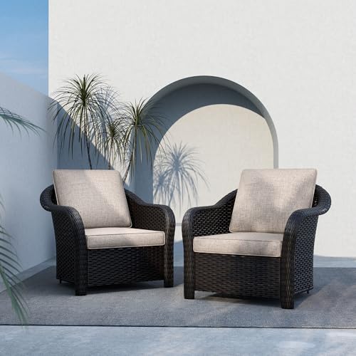 Patio PE Rattan Chairs Set of 2, All-Weather & Steel Frame Outdoor Conversation Furniture Set with Washable Cushions for Garden, Bistro, Deck, Yard (Beige)