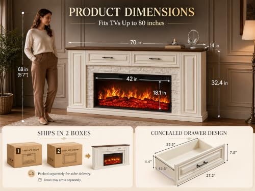 70" Electric Fireplace with Mantel, Fireplace TV Stand with Cabinet Drawers, view 4