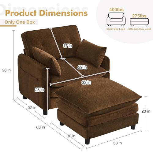 Chenille Oversized Accent Chair with Ottoman, 63" D Oversized Chair and Ottoman with Double Pocket, Reading Armchair with Extra Wide Armrests for Living Room, Reception Room, Brown