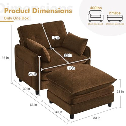 Chenille Oversized Accent Chair with Ottoman, 63" D Oversized Chair and Ottoman with Double Pocket, Reading Armchair with Extra Wide Armrests for Living Room, Reception Room, Brown