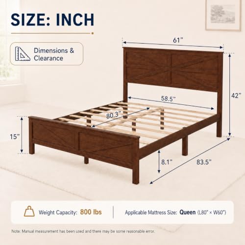 Queen Size Farmhouse Platform Bed Frame with Barn Door Headboard and Footboard, view 3