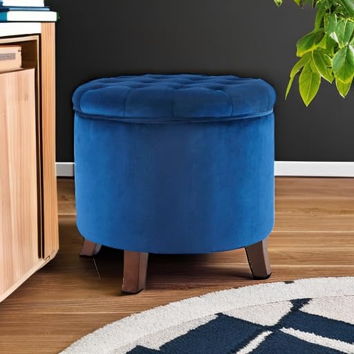 Modern Tufted Accent Storage Ottoman, Small Upholstered Button Circle Pouf Footstool with Lift Top, for Bedroom Living Room Vanity - Navy Blue