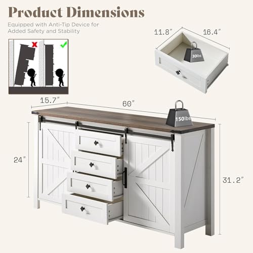 3-Piece Farmhouse Bedroom Furniture Set with Dresser and 2 Nightstands, Sliding Barn Door Wood Storage Set for Bedroom, Distressed White