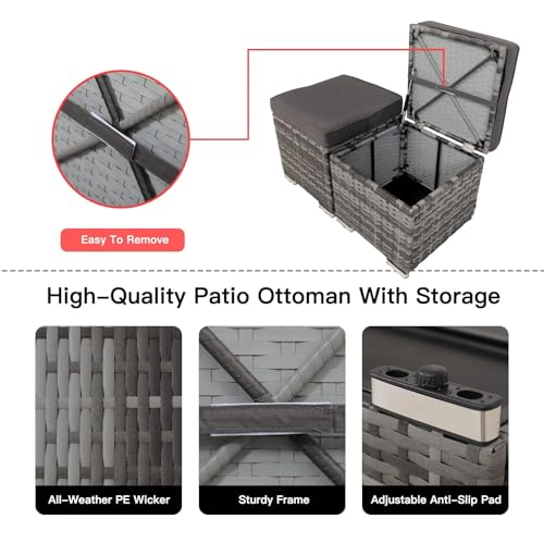 2-Piece Wicker Storage Ottomans for Outdoor Patio & Backyard, Removable Cushions, All-Weather Steel Frame, Side Table/Footrest, 200lb Capacity – Durable Furniture for Homeowners (Grey)