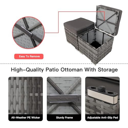 2-Piece Wicker Storage Ottomans for Outdoor Patio & Backyard, Removable Cushions, All-Weather Steel Frame, Side Table/Footrest, 200lb Capacity – Durable Furniture for Homeowners (Grey)