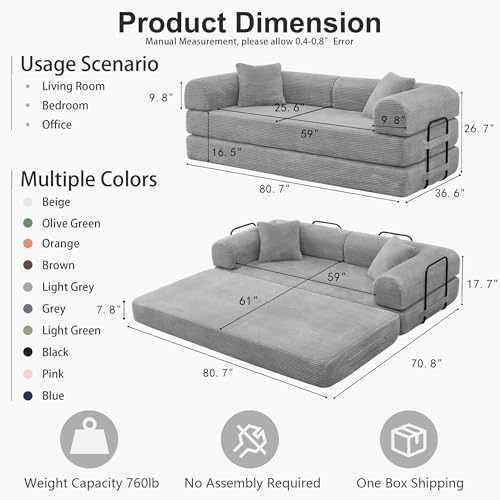 78 inch Sofa Bed 4-in-1 Boneless Convertible Corduroy Sleeper Folding Couch with Fixed-Shape Frame and 2 Futons No Assemble Required 3 Seater Upholstered for Living Room (Light Grey, 78 inch)