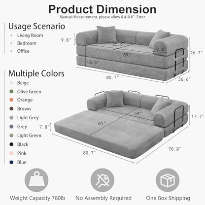 78 inch Sofa Bed 4-in-1 Boneless Convertible Corduroy Sleeper Folding Couch with Fixed-Shape Frame and 2 Futons No Assemble Required 3 Seater Upholstered for Living Room (Light Grey, 78 inch)