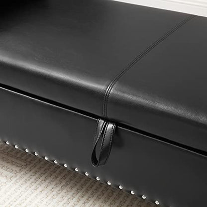 Storage Bench for Bedroom, PU Upholstered Bed Ottoman with Rolled Armed Button Tufted Design, Long Bench for Bed Window Living Room, Black
