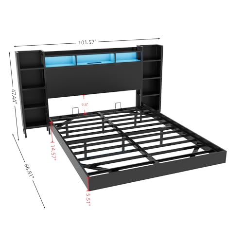 Metal Floating Bed Frame with Storage MDF Headboard and Bookcase for Bedroom, view 3