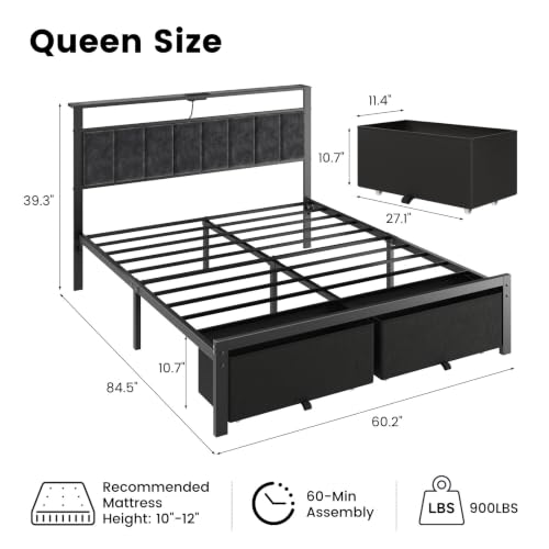 Queen Size Bed Frame with Upholstered Headboard and 2 Storage Drawers, view 3