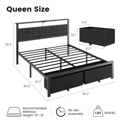 Queen Size Bed Frame with Upholstered Headboard and 2 Storage Drawers, view 3
