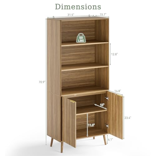 Walnut Bookshelf, 70.9" Tall Book Shelf, 5-Tier Bookcase with Fluted Doors and Adjustable Shelves, Wooden Storage Cabinet for Living Room, Office(Walnut, 1PC)