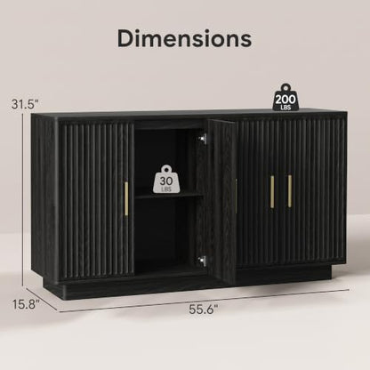 55" Fluted Buffet Cabinet with Storage, Modern Credenza, Black, view 3