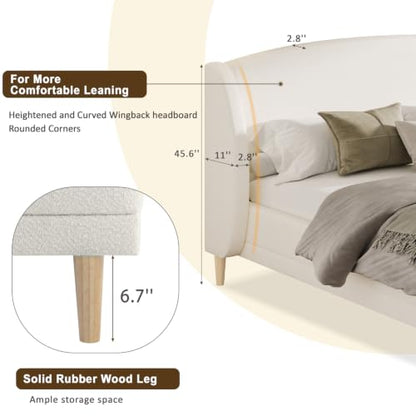 Queen Upholstered Bed Frame with Wingback Headboard (White, Queen) | Cloud Boucle Platform Bed, Solid Wood Legs, Strong Wood Slats Support, No Box Spring Required