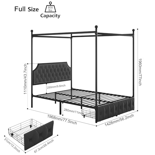 Full Upholstered Canopy Bed Frame with 2 Storage Drawers & Button Tufted, view 3