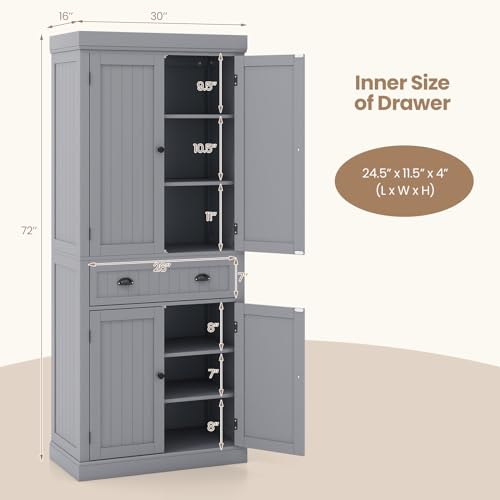 72" H Kitchen Pantry Cupboard Cabinet, Traditional Freestanding Large Tall Storage Cabinet with 2 Cabinets and Drawer, Adjustable Shelves, for Living Room Kitchen, 30 x 16 x 72 Inch