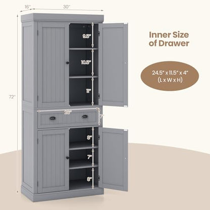 72" H Kitchen Pantry Cupboard Cabinet, Traditional Freestanding Large Tall Storage Cabinet with 2 Cabinets and Drawer, Adjustable Shelves, for Living Room Kitchen, 30 x 16 x 72 Inch