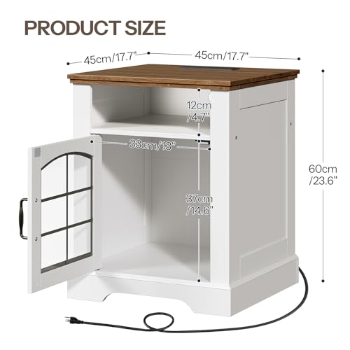 Farmhouse End Table for Living Room, 17.7" Wide Nightstand with Charging Station, Wooden Sofa Side Table with Tempered Glass Barn Door and Open Shelf, White and Walnut WH405UBZ01