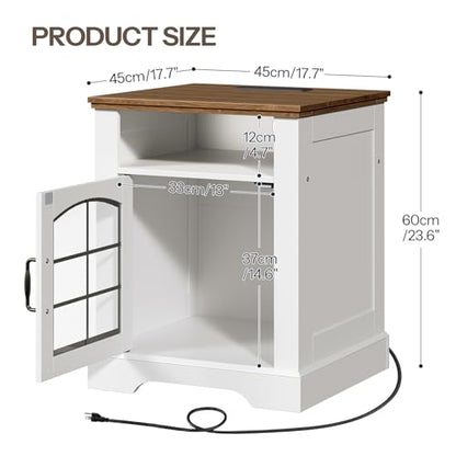 Farmhouse End Table for Living Room, 17.7" Wide Nightstand with Charging Station, Wooden Sofa Side Table with Tempered Glass Barn Door and Open Shelf, White and Walnut WH405UBZ01