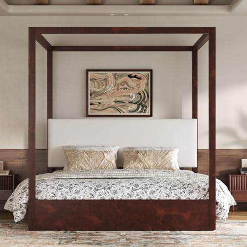 King Size Canopy Bed with Upholstered Headboard (Espresso), view 5