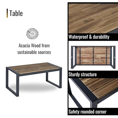 4PC Outdoor Patio Wicker Furniture Chat Conversation Set with Acacia Wood Table Top Backyard Porch Lawn