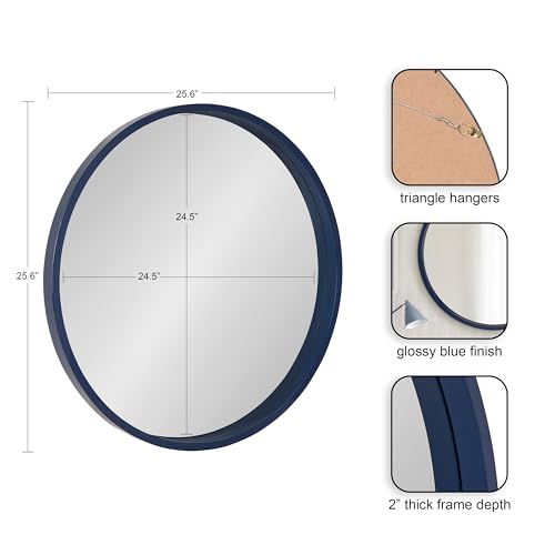 Travis Round Wood Wall Mirror, 25.6" Diameter, Navy Blue, Modern Wall Décor Accent