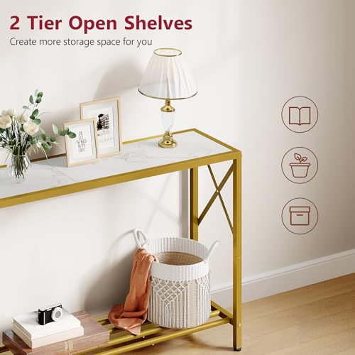 Entryway Table 41.8”, 2-Tier Entry Way Console Entrance Table, Narrow Sofa Table with Shelves, Ideal for Hallway, Entryway, Living Room, Foyer, Corridor, and Office (Gold & White)