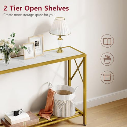 Entryway Table 41.8”, 2-Tier Entry Way Console Entrance Table, Narrow Sofa Table with Shelves, Ideal for Hallway, Entryway, Living Room, Foyer, Corridor, and Office (Gold & White)