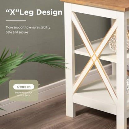 End Tables Bedroom Set of 2, Farmhouse Sofa Side Table with Storage Shelves, Ivory