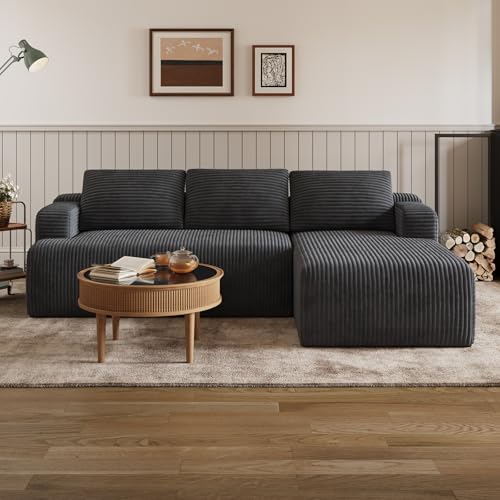 L-Shape Sectional Couches for Living Room with Smarts Coil® Support, 3 Seater Sectional Sofas for Living Room Bedroom, Corduroy Cloud Couch Sectional, No Assembly(Dark Grey, Right Hand Facing)